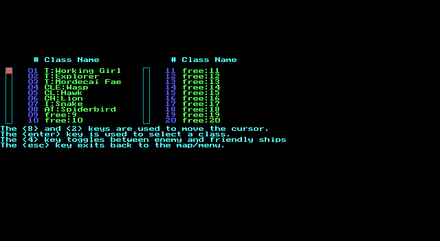 Stellar Crusade (DOS) screenshot: Ship classes (EGA)