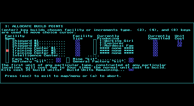 Stellar Crusade (DOS) screenshot: Allocating build points (EGA)