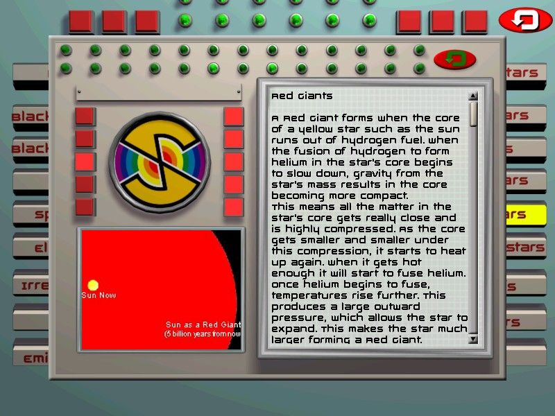 Captain Scarlet: In the Shadow of Fear (Windows) screenshot: An article on Red Giants in 'Outer Space' section