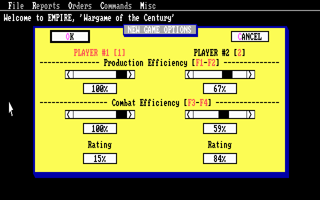 Empire: Wargame of the Century (DOS) screenshot: Production & Combat settings