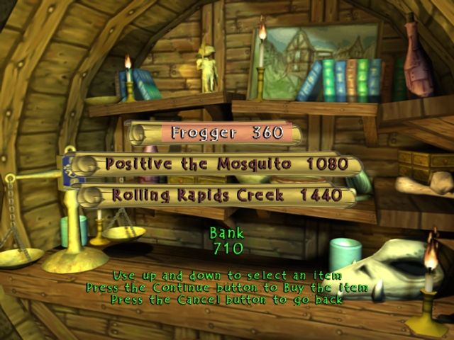 Frogger: The Great Quest (Windows) screenshot: The store offers informative cards about various characters in exchange for collected coins