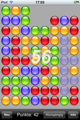 reMovem (iPhone) screenshot: Removing the blue balls will net me 56 points.