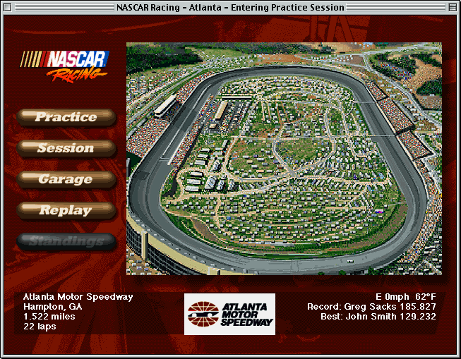 NASCAR Racing (Macintosh) screenshot: Main Menu and Track Info screen.