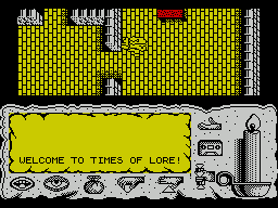 Times of Lore (ZX Spectrum) screenshot: This is the start of the game. I'm on the roof of some building and need to go down the stairs to the left to make contact with other characters