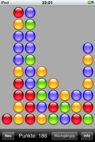 reMovem (iPhone) screenshot: Remove the red ones, the blue ones or the yellow ones? Your choice!