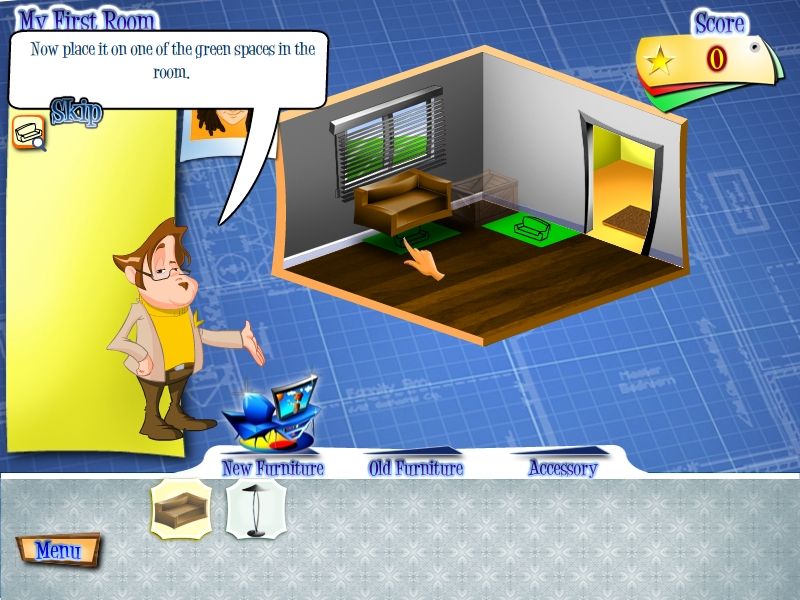 Eye for Design (Windows) screenshot: The gameplay consists basically of grabbing the furniture from the inventory and placing it in the highlighted spots in the room.