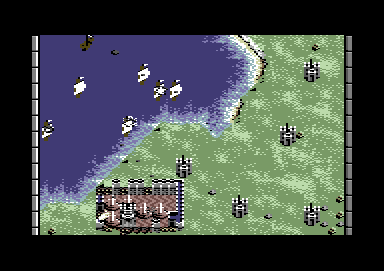 Rampart (Commodore 64) screenshot: Firing back at the enemy.