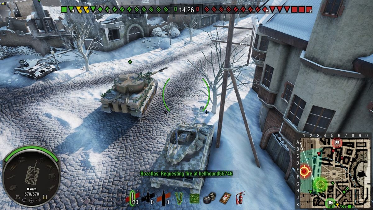 World of Tanks: Tiger 131 Loaded Bundle (PlayStation 4) screenshot: Town map during winter, holding the line with an allied Tiger 131 behind the building