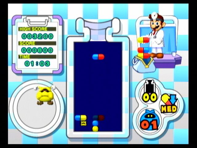 Dr. Mario Online Rx (Wii) screenshot: That last yellow isn't looking happy.