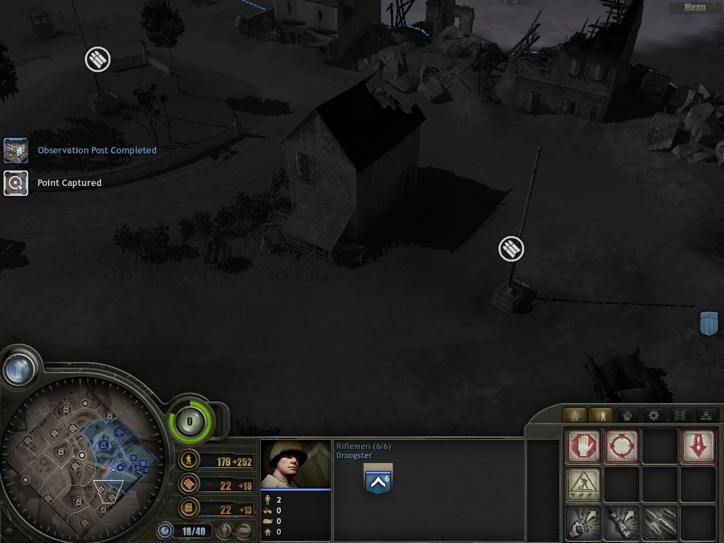 Company of Heroes (Windows) screenshot: The fog of war shows you the overall area, but not what is in the area.