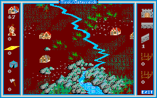 Kaiser (DOS) screenshot: Placing mills and farms.