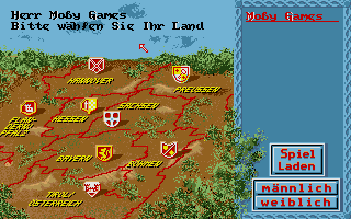 Kaiser (DOS) screenshot: Choosing your kingdom.