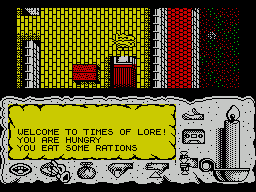 Times of Lore (ZX Spectrum) screenshot: Wherever I walk my character stays roughly in the centre of the screen and the world moves underneath him. Here I've left the character movement and have activated the 'command mode'