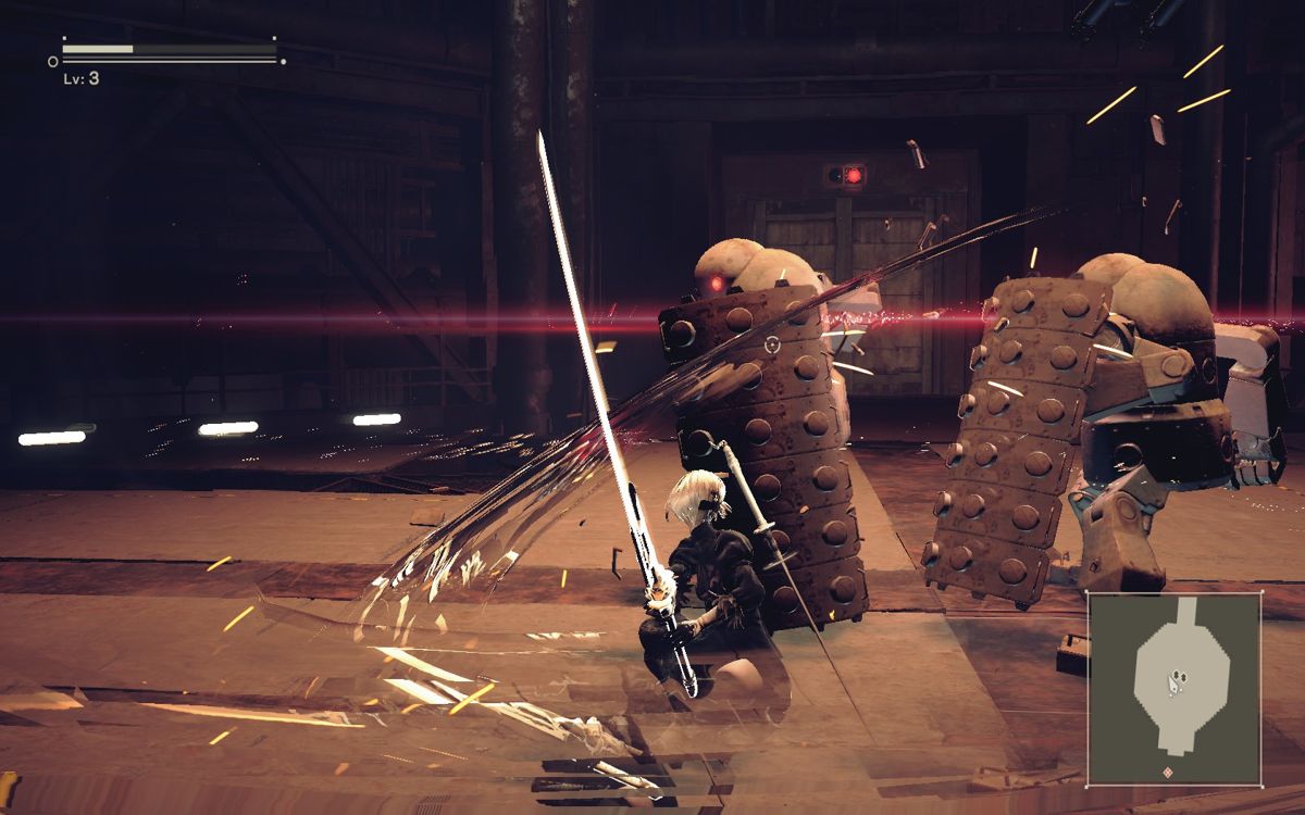 NieR: Automata (Windows) screenshot: Fighting robots with a shield.