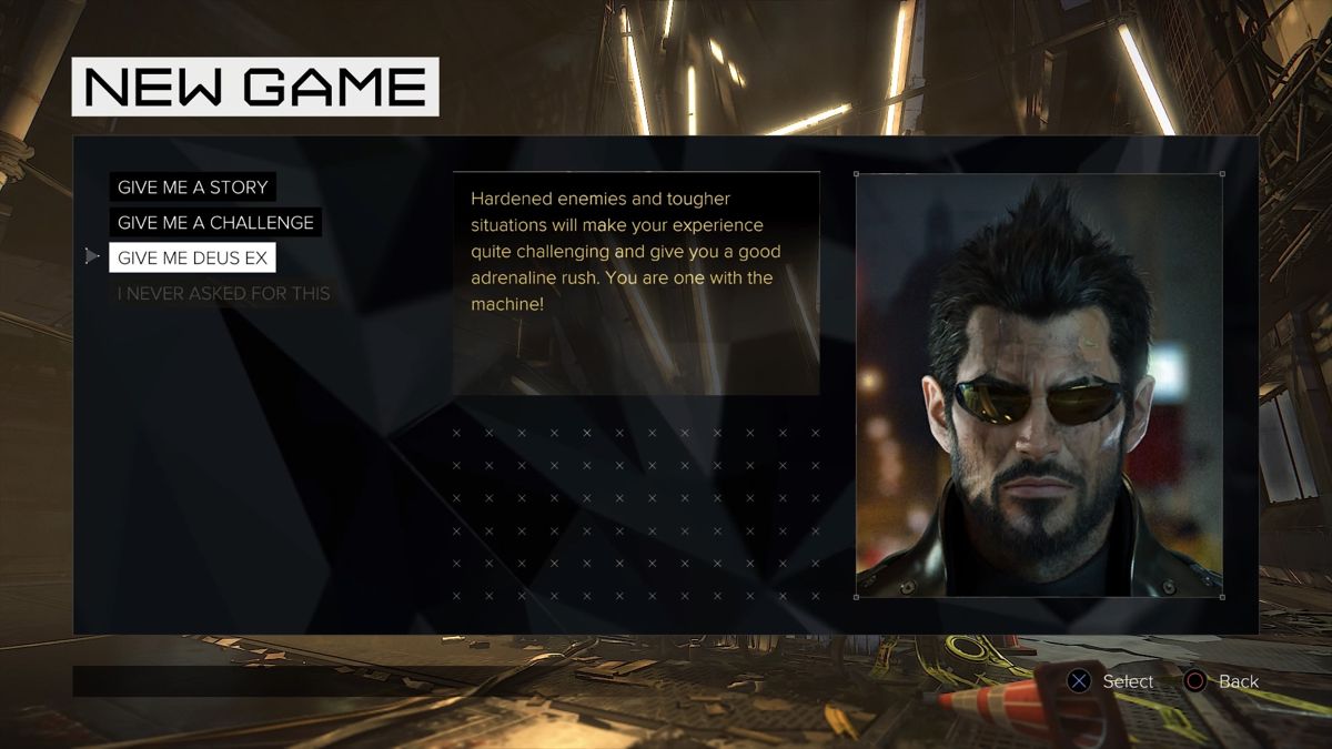 Deus Ex: Mankind Divided (PlayStation 4) screenshot: Mankind Divided - Difficulty selection