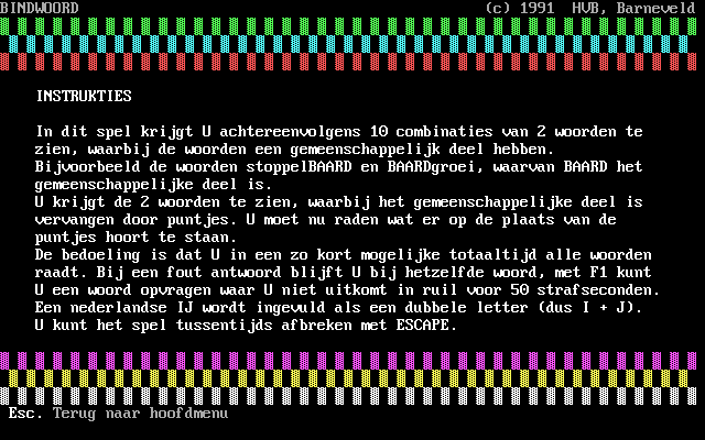 Bind-Woord (DOS) screenshot: Instructions