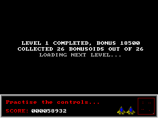 StarMines II: Planet of the Mines (DOS) screenshot: End of level message. Good to know all bonus items were collected