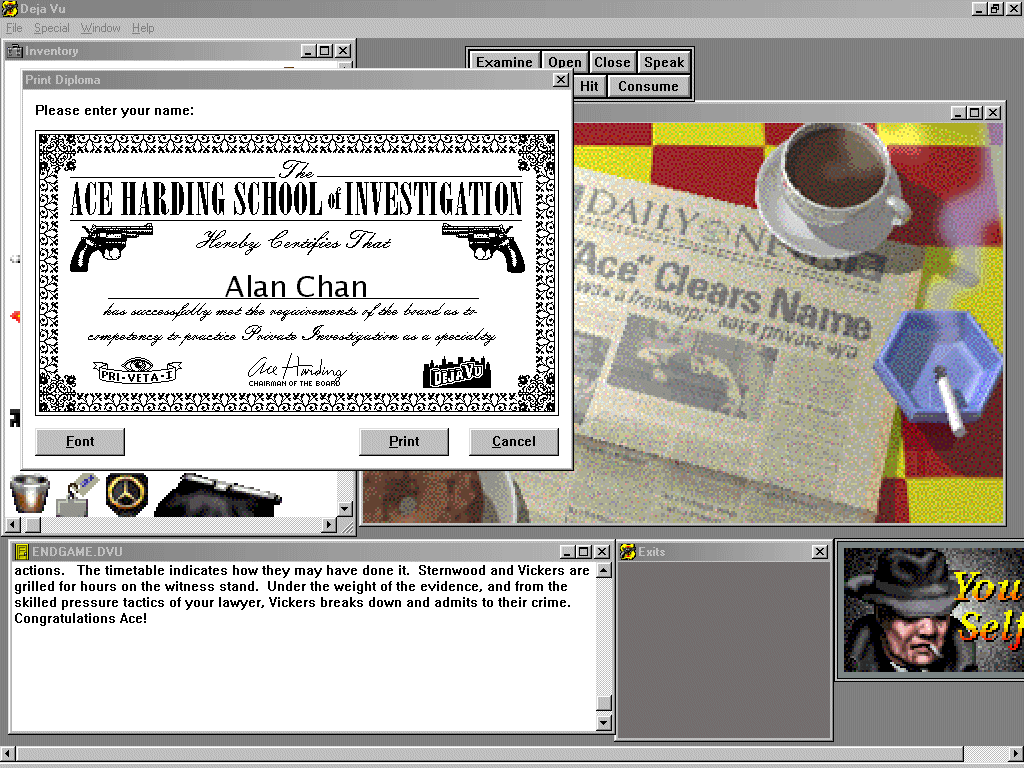 Deja Vu: A Nightmare Comes True!! (Windows 3.x) screenshot: The game even gives you a neat little frameable certificate for winning.