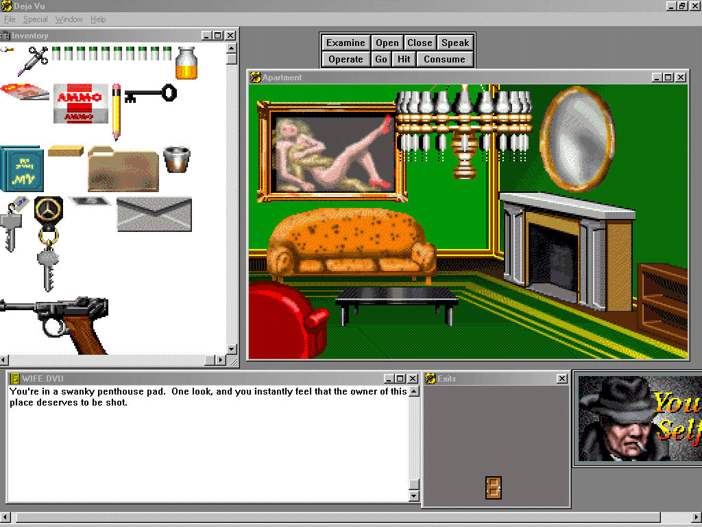 Deja Vu: A Nightmare Comes True!! (Windows 3.x) screenshot: Joe Siegal's apartment. Guess he had it coming after all.