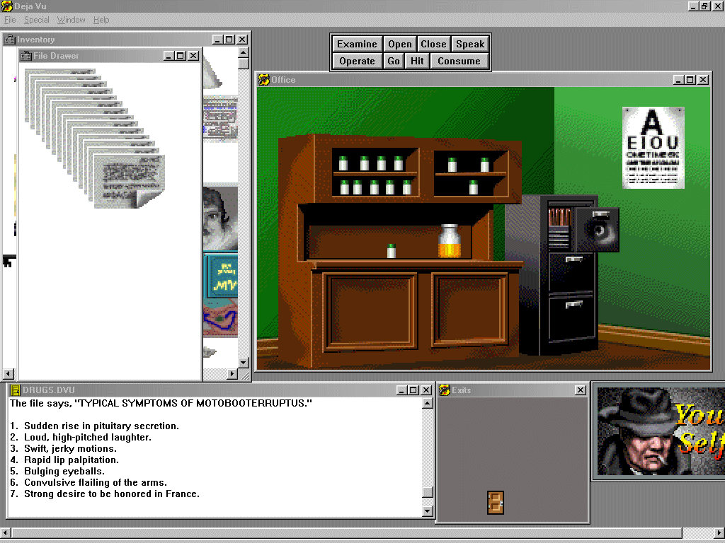 Deja Vu: A Nightmare Comes True!! (Windows 3.x) screenshot: The doctor is out. Looks like you'll have to treat yourself.