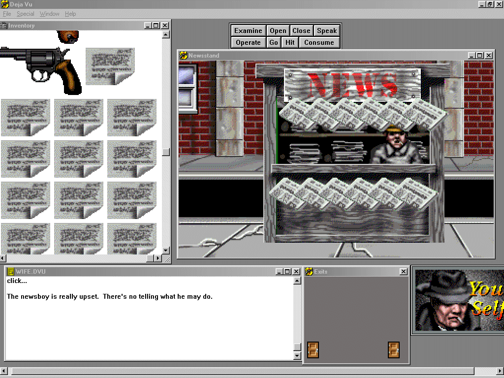 Deja Vu: A Nightmare Comes True!! (Windows 3.x) screenshot: Hey, I knew the gun was unloaded. Honest.