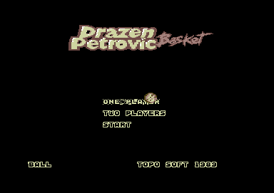 Drazen Petrovic Basket (Commodore 64) screenshot: Title screen, main menu and credits.