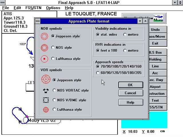 Final Approach (Windows 16-bit) screenshot: The approach plates can be customised to use the symbols employed in real world maps