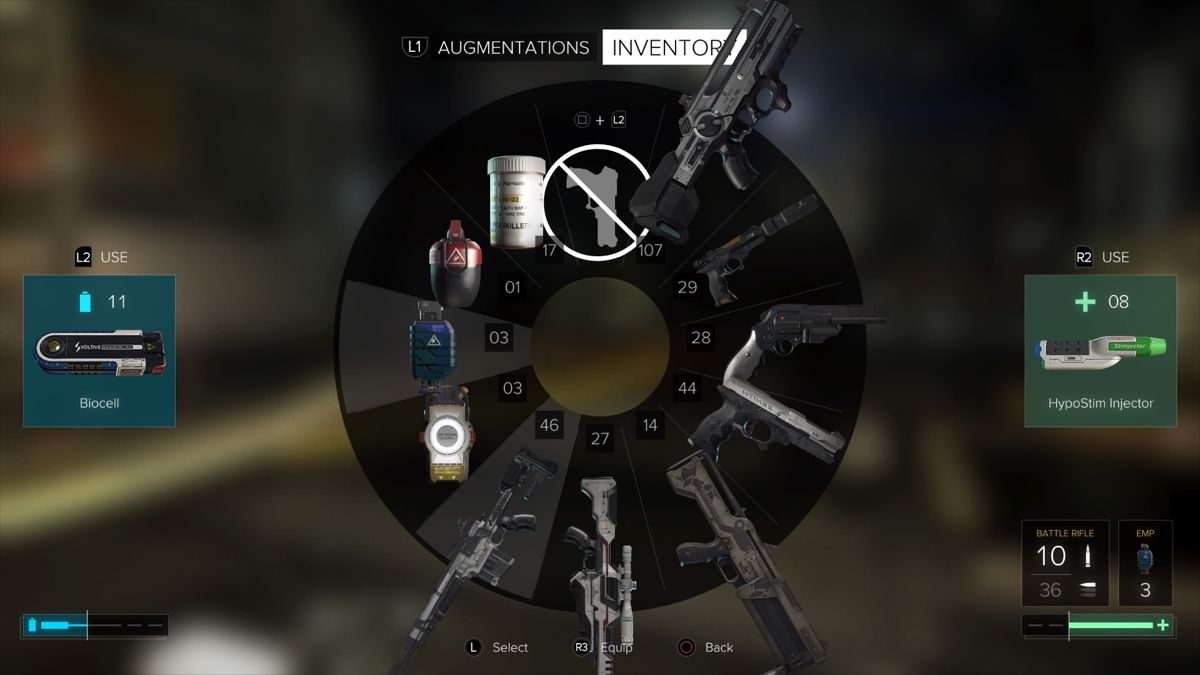 Deus Ex: Mankind Divided (PlayStation 4) screenshot: Mankind Divided - Weapons wheel