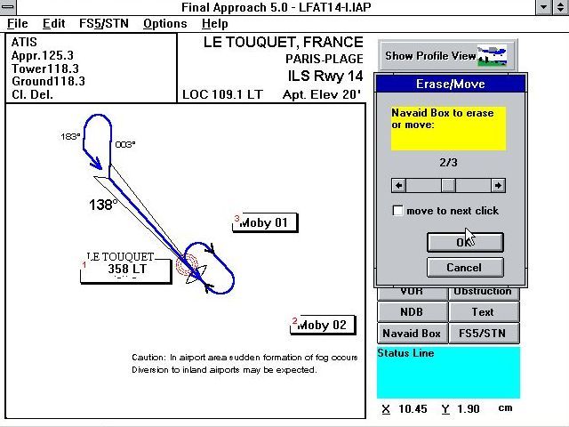 Final Approach (Windows 16-bit) screenshot: A few navigation points have been edited in but one is incorrect and is being removed. Instead of 'Click+delete' the program numbers the items and uses a scroll bar to select it