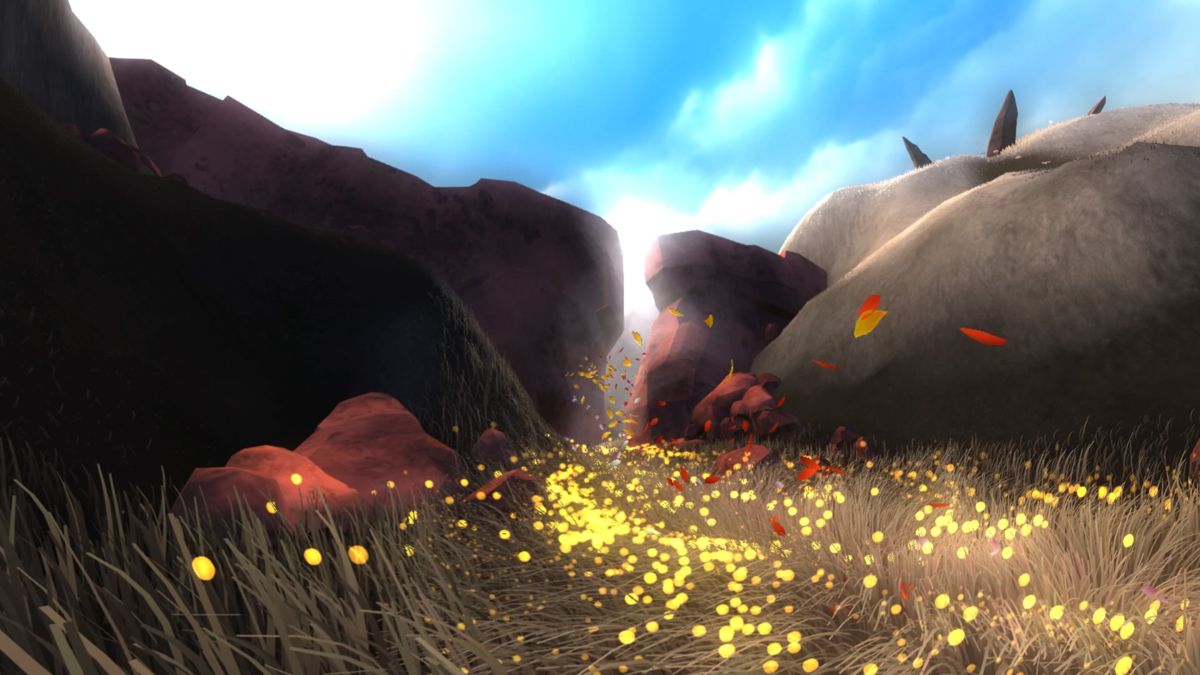 Flower (PlayStation 4) screenshot: Adding colors to a dull gray canyon