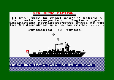 Admiral Graf Spee (Amstrad CPC) screenshot: Oops. I went too close to land and the ship was damaged beyond repair. One of the possible endings.