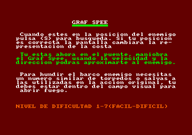 Admiral Graf Spee (Amstrad CPC) screenshot: Instructions (II)