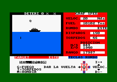 Admiral Graf Spee (Amstrad CPC) screenshot: Our torpedoes miss the ship!