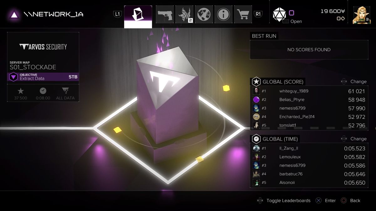 Deus Ex: Mankind Divided (PlayStation 4) screenshot: Breach - Levels show score and time of top players