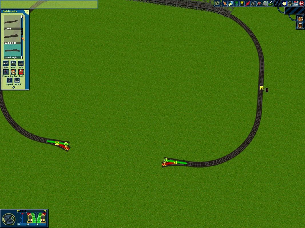 Create Your Own Model Railway (Windows) screenshot: Building a track layout. As soon as a power supply is added the game creates a menu in the lower left. Here two switch/points units have also been added