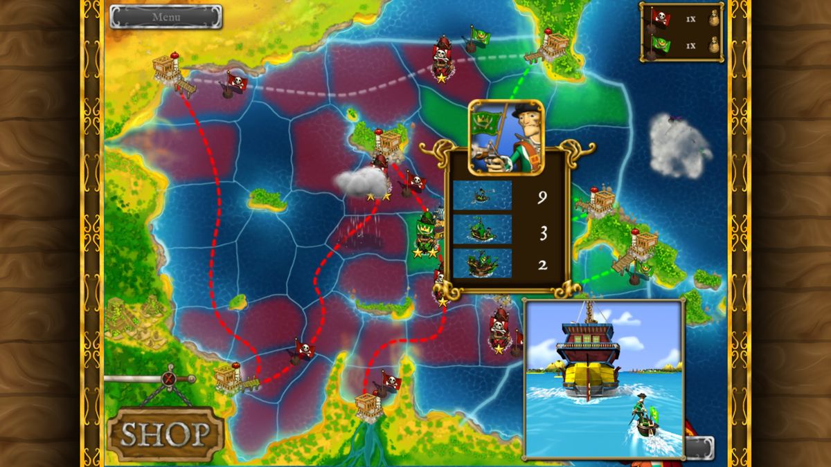 Pirates vs Corsairs: Davy Jones's Gold (Windows) screenshot: A galleon is about to be attacked.