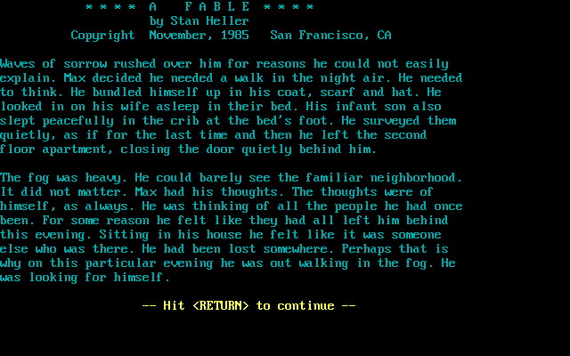 A Fable (DOS) screenshot: The opening text.