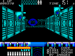 Space Gun (ZX Spectrum) screenshot: These gun turrets appear from the ceiling and need destroying quickly.