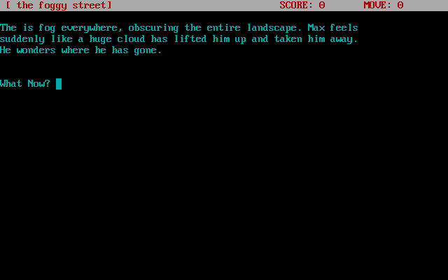 A Fable (DOS) screenshot: You begin the game in a foggy street.