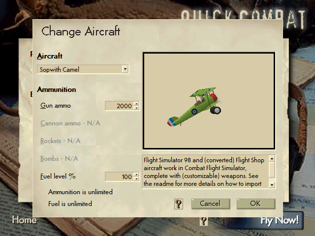 Microsoft Combat Flight Simulator: WWII Europe Series (Windows) screenshot: Plane selection. I'm going with the Sopwith Camel.