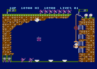 Pooyan (Atari 8-bit) screenshot: Too many wolves got to the top. They pushed the boulder off.