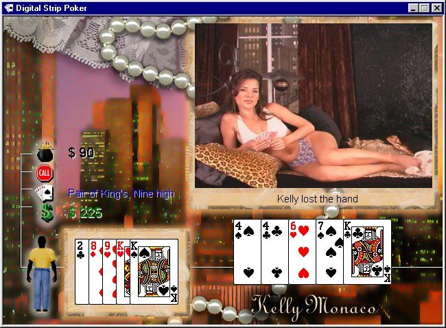 Digital Strip Poker featuring Kelly Monaco (Windows) screenshot: Kelly lost the hand without dress (White dress round 2)