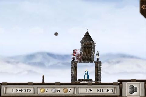 Crush the Castle (iPhone) screenshot: Two balls already hit their target. The third is still incoming.