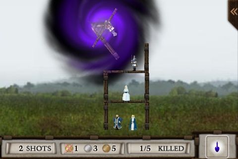 Crush the Castle (iPhone) screenshot: Get a gold medal for every medal and you get a fancy black hole weapon.