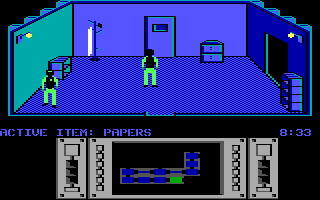 Infiltrator (DOS) screenshot: Ground mission: A locked door... You'll have to find a way to open it.