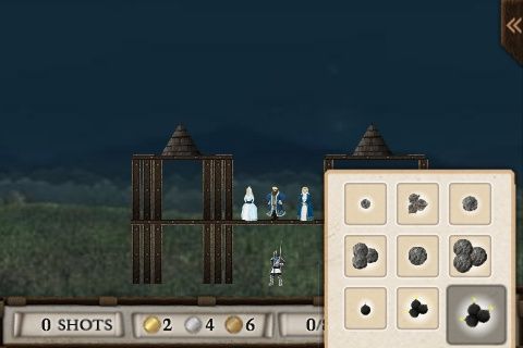 Crush the Castle (iPhone) screenshot: There are several different types of ammunition to play with.