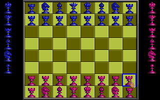 Battle Chess (DOS) screenshot: Using the set board feature to create a custom board set up. I changed all the pawns into rooks. (VGA)