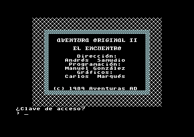 La Aventura Original (Commodore 64) screenshot: Title screen for part 2, again with the credits. To enter part 2, enter the correct access code.