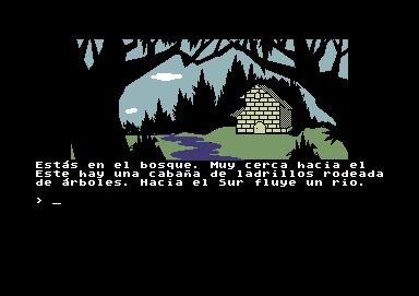La Aventura Original (Commodore 64) screenshot: You're in a forest. You are outside a house next to a river.