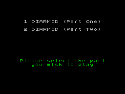Diarmid (ZX Spectrum) screenshot: Disc version: Game menu<br>Once an option is selected the game continues just like the tape version